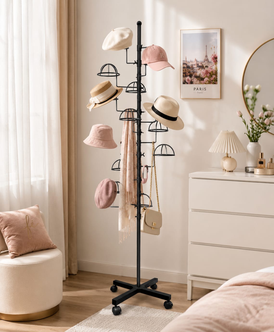 Freestanding metal hat rack stand with 14 circular hooks holding hats