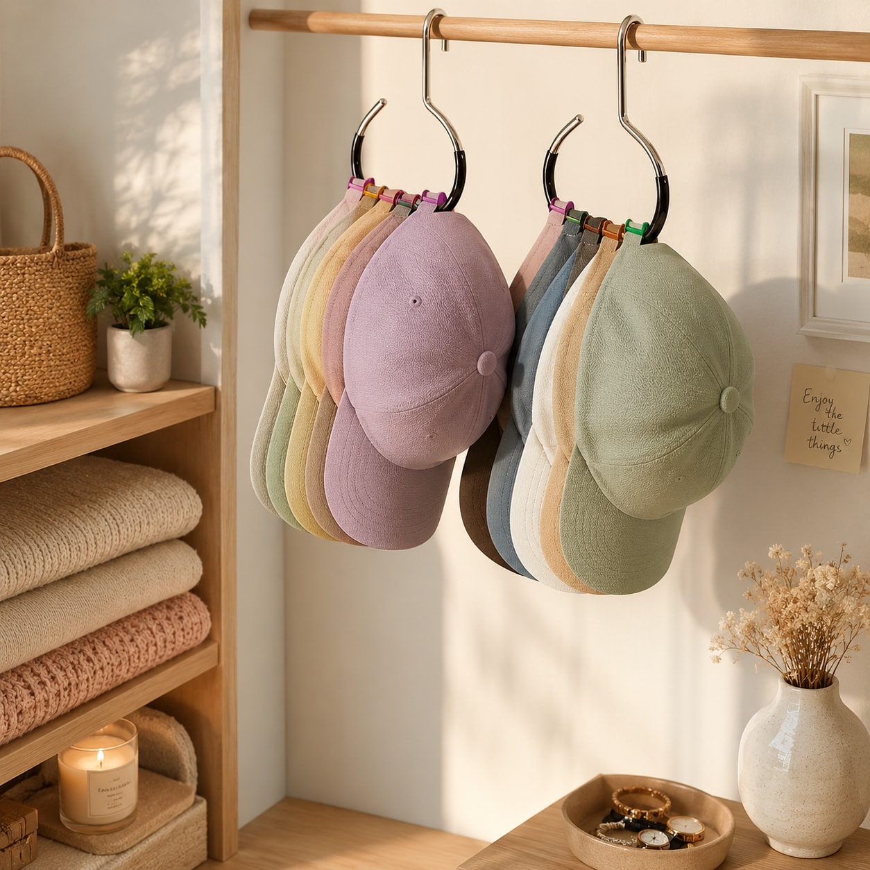 Eight metal hat hooks hanging baseball caps and accessories on a closet rod