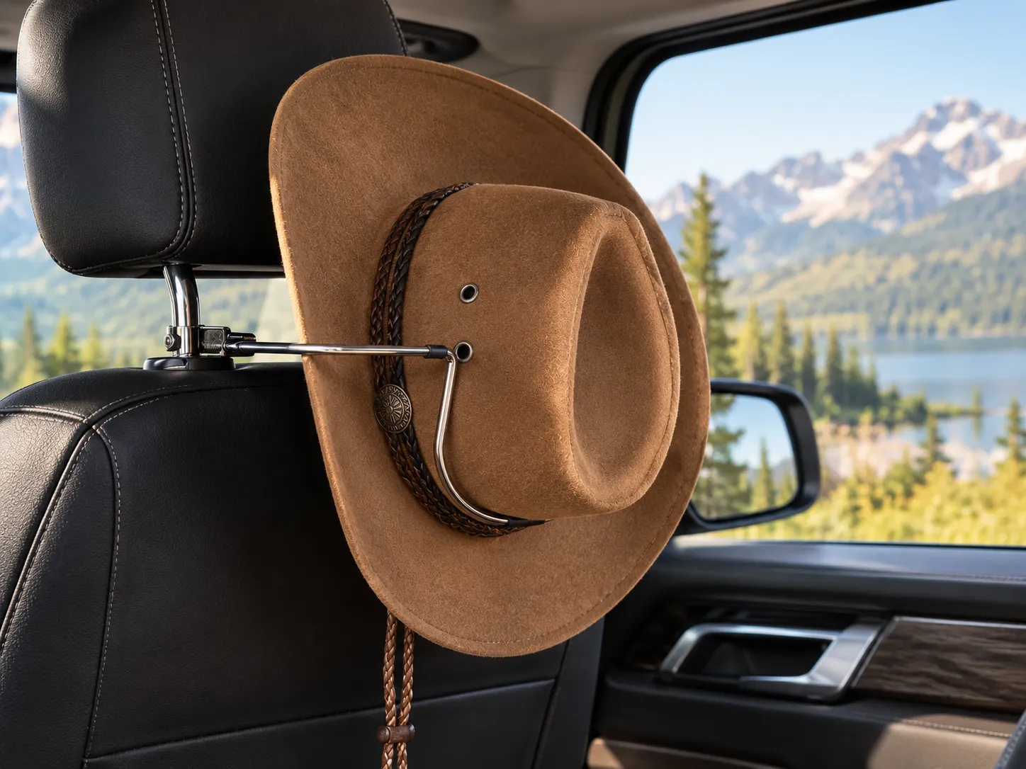 Cowboy hat holder mounted in a car keeping a cowboy hat crown-up so the brim holds its shape